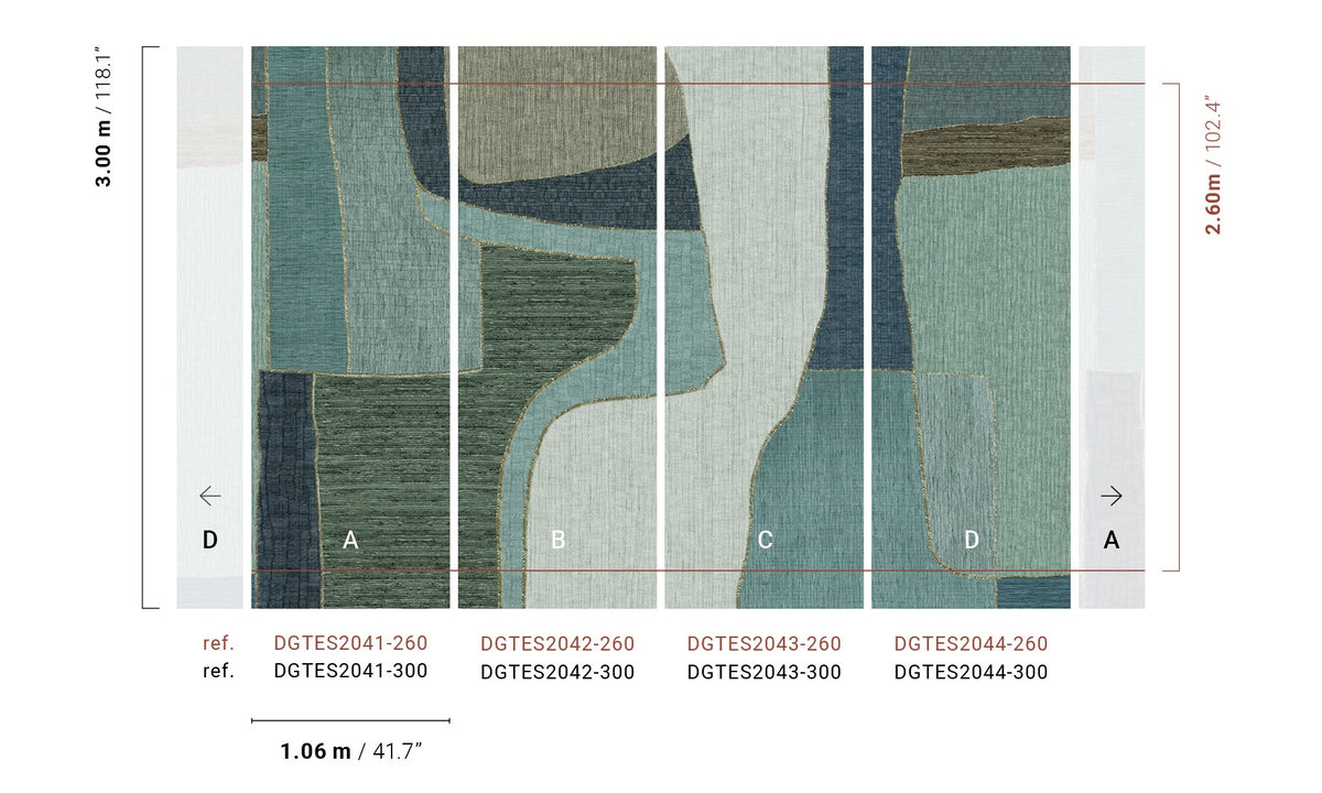 Masureel behang Boro Teal, indeling van de panelen