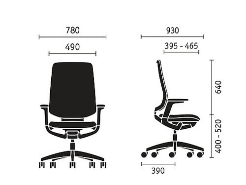 Sedus se:flex ergonomische bureaustoel wit-lichtgrijs, maattekening met afmetingen in millimeters