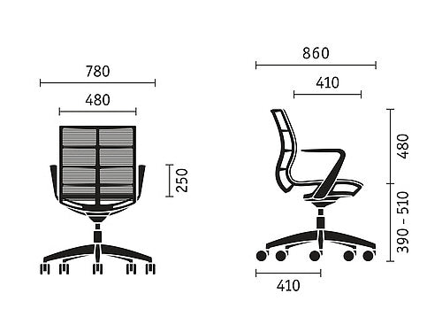 Sedus se:joy ergonomische bureaustoel zwart, maattekening met afmetingen in millimeters