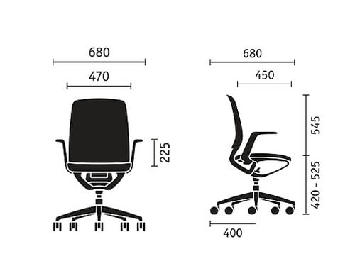 Sedus se:motion net ergonomische bureaustoel zwart, maattekening met afmetingen in millimeters