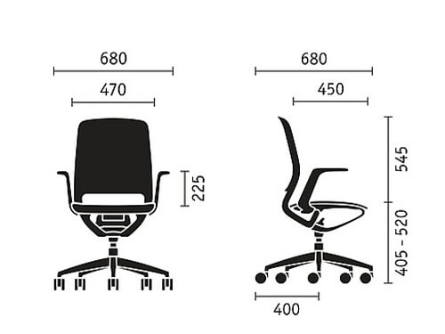 Sedus se:motion ergonomische bureaustoel zwart, maattekening met afmetingen in millimeters