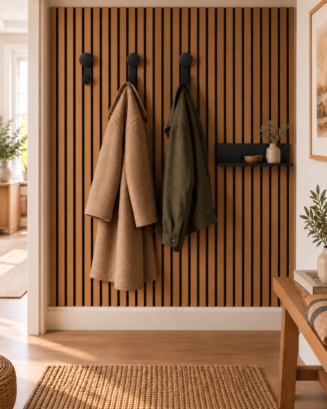 Hal met houten wandpaneel, drie zwarte kapstokhaken met jassen en een zwarte wandplank