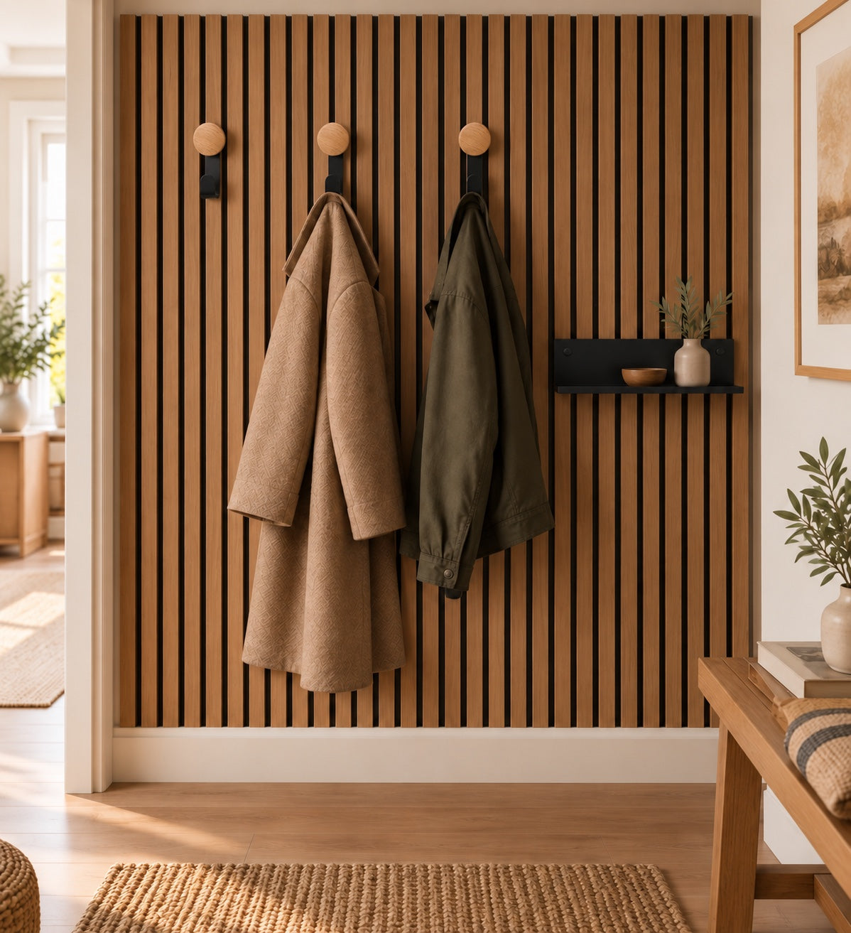 Hal met houten wandpaneel, drie licht eiken kapstokhaken met jassen en een zwarte wandplank