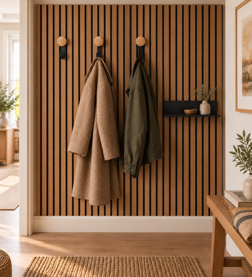 Hal met houten wandpaneel, zwarte wandplank met vaas en schaaltje, naast licht eiken kapstokhaken