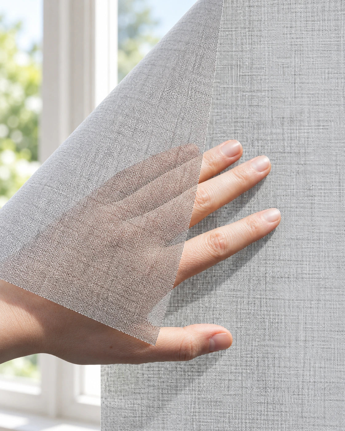 Squid raamtextiel op maat Ash - Lichtgrijs: hand tilt een hoek van het doorzichtige raamtextiel op voor een raam